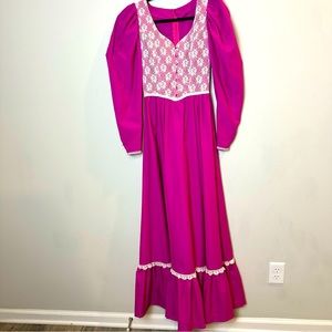 Vintage 70’s Handmade Hot Pink Women Dress Cottagecore Boho  Lace Size XS-S.A189